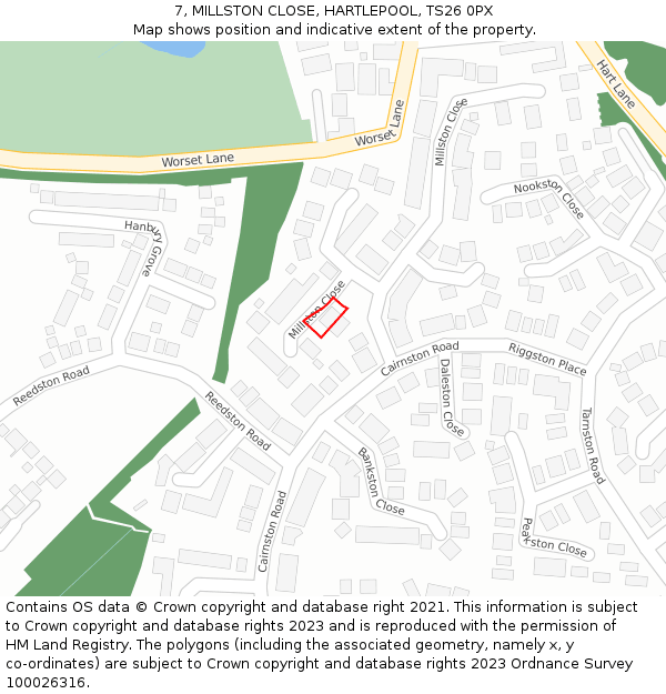 7, MILLSTON CLOSE, HARTLEPOOL, TS26 0PX: Location map and indicative extent of plot