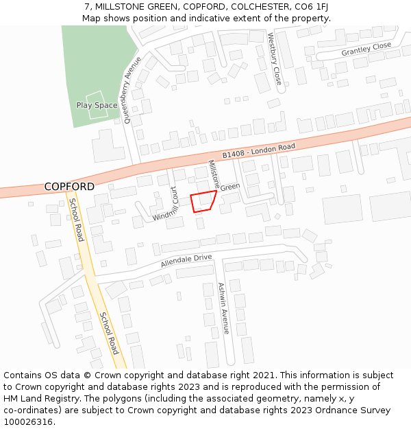 7, MILLSTONE GREEN, COPFORD, COLCHESTER, CO6 1FJ: Location map and indicative extent of plot