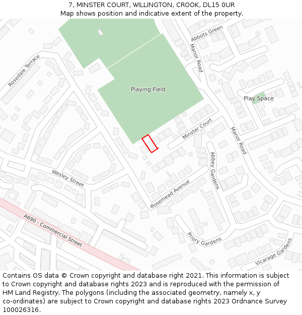 7, MINSTER COURT, WILLINGTON, CROOK, DL15 0UR: Location map and indicative extent of plot