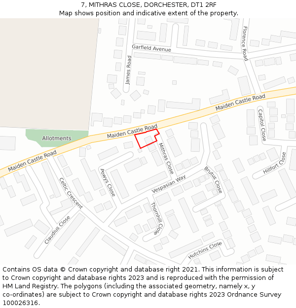 7, MITHRAS CLOSE, DORCHESTER, DT1 2RF: Location map and indicative extent of plot