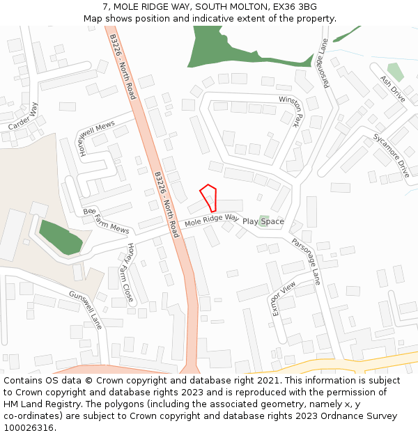 7, MOLE RIDGE WAY, SOUTH MOLTON, EX36 3BG: Location map and indicative extent of plot