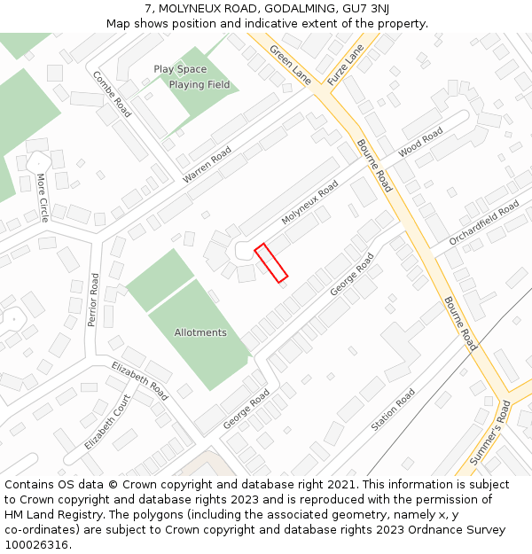 7, MOLYNEUX ROAD, GODALMING, GU7 3NJ: Location map and indicative extent of plot