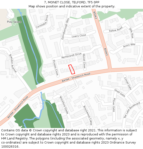 7, MONET CLOSE, TELFORD, TF5 0PP: Location map and indicative extent of plot