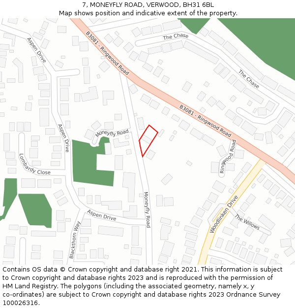 7, MONEYFLY ROAD, VERWOOD, BH31 6BL: Location map and indicative extent of plot