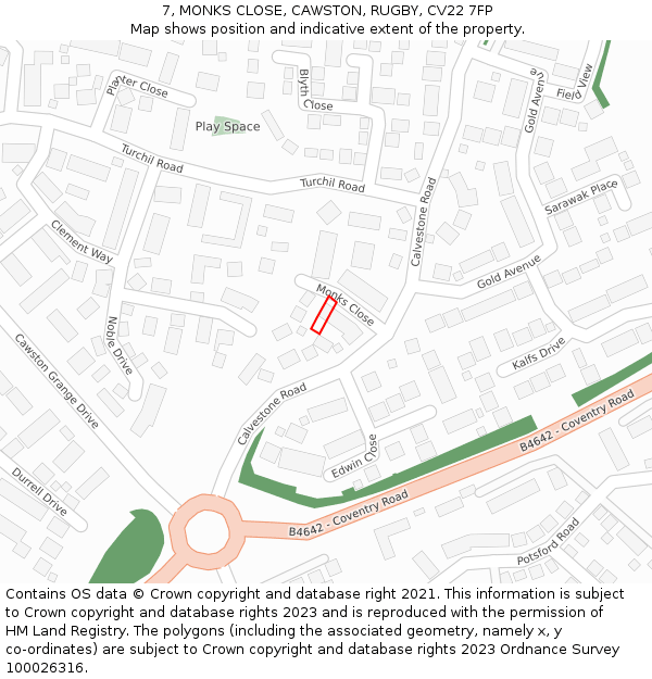 7, MONKS CLOSE, CAWSTON, RUGBY, CV22 7FP: Location map and indicative extent of plot