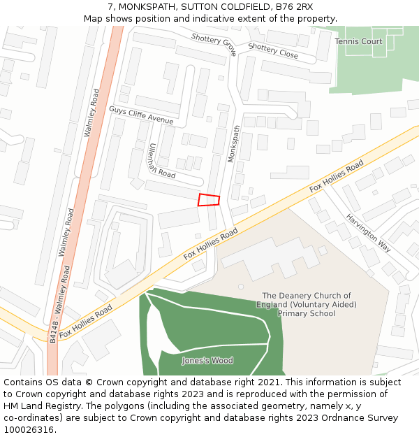 7, MONKSPATH, SUTTON COLDFIELD, B76 2RX: Location map and indicative extent of plot