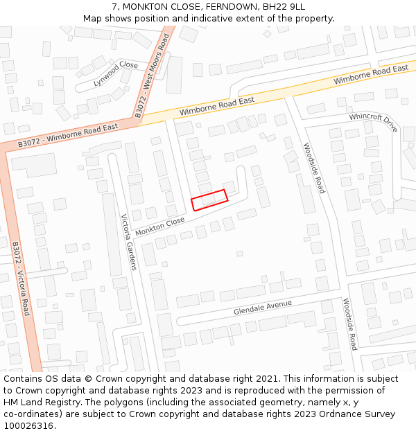 7, MONKTON CLOSE, FERNDOWN, BH22 9LL: Location map and indicative extent of plot