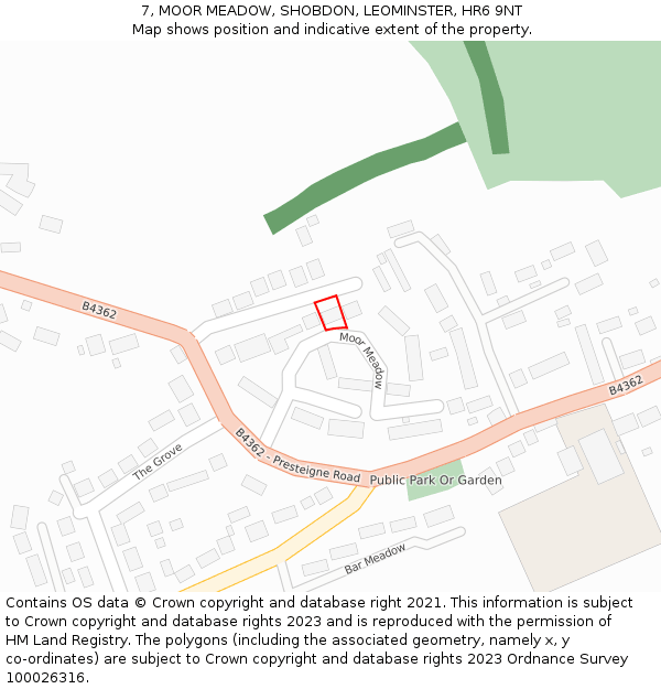 7, MOOR MEADOW, SHOBDON, LEOMINSTER, HR6 9NT: Location map and indicative extent of plot
