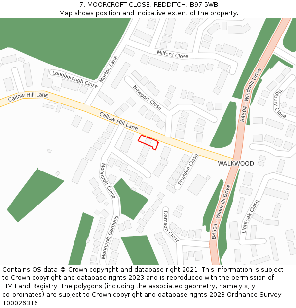 7, MOORCROFT CLOSE, REDDITCH, B97 5WB: Location map and indicative extent of plot