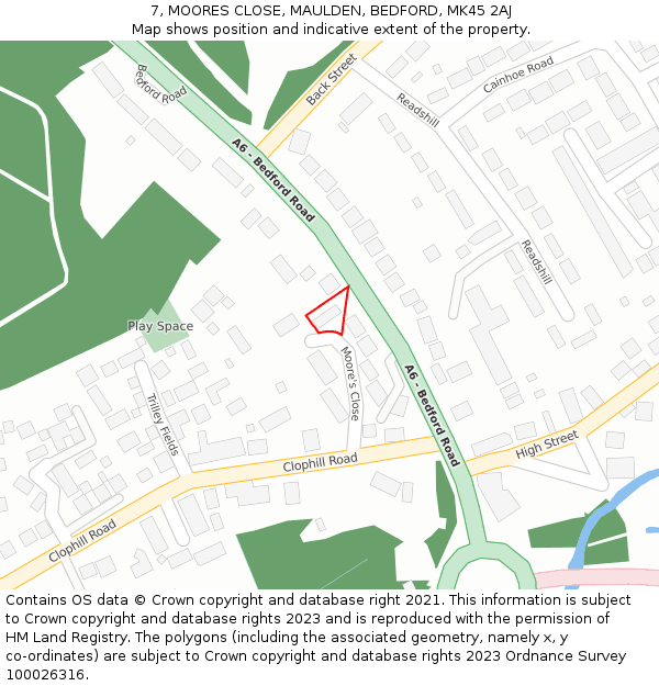 7, MOORES CLOSE, MAULDEN, BEDFORD, MK45 2AJ: Location map and indicative extent of plot