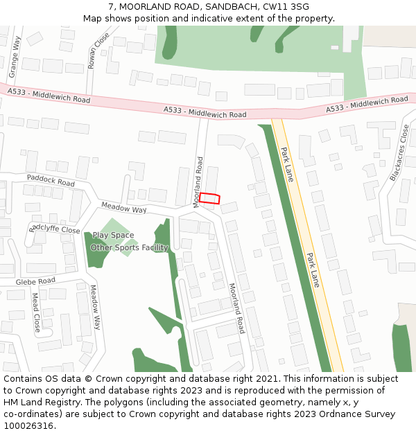 7, MOORLAND ROAD, SANDBACH, CW11 3SG: Location map and indicative extent of plot