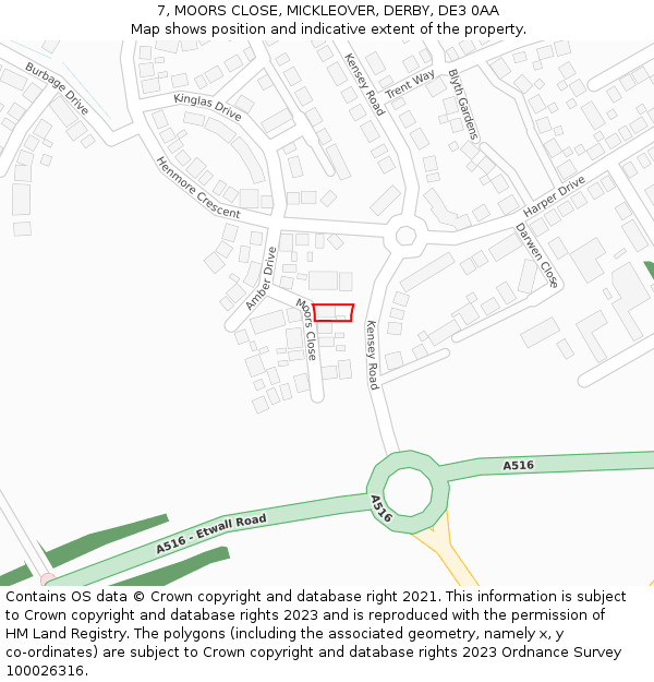 7, MOORS CLOSE, MICKLEOVER, DERBY, DE3 0AA: Location map and indicative extent of plot