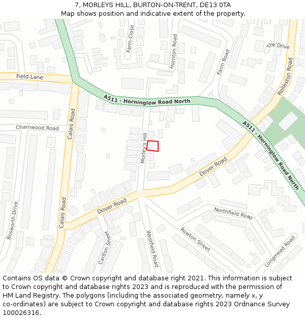 7, MORLEYS HILL, BURTON-ON-TRENT, DE13 0TA: Location map and indicative extent of plot