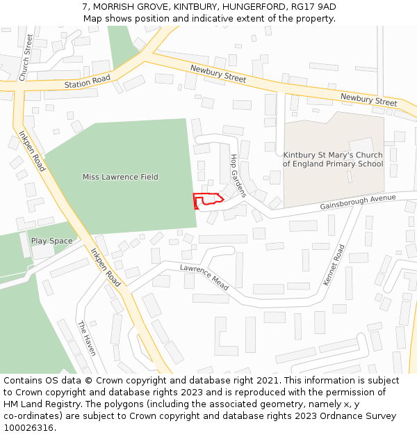 7, MORRISH GROVE, KINTBURY, HUNGERFORD, RG17 9AD: Location map and indicative extent of plot