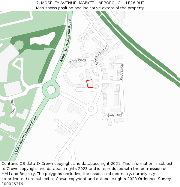 7, MOSELEY AVENUE, MARKET HARBOROUGH, LE16 9HT: Location map and indicative extent of plot