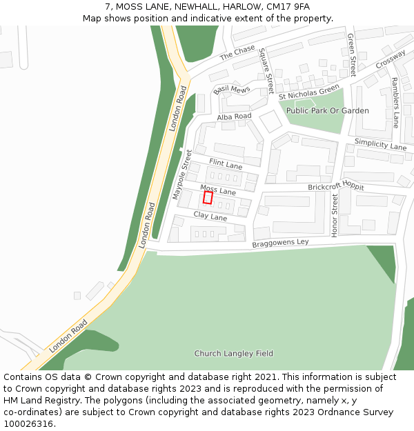 7, MOSS LANE, NEWHALL, HARLOW, CM17 9FA: Location map and indicative extent of plot