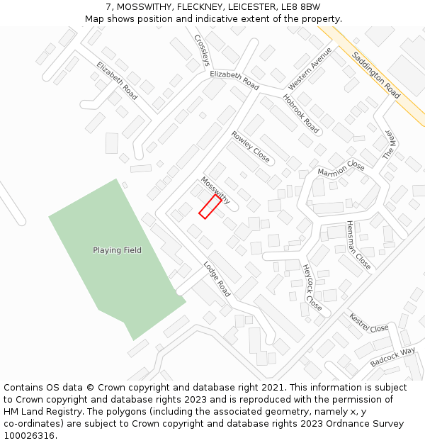 7, MOSSWITHY, FLECKNEY, LEICESTER, LE8 8BW: Location map and indicative extent of plot