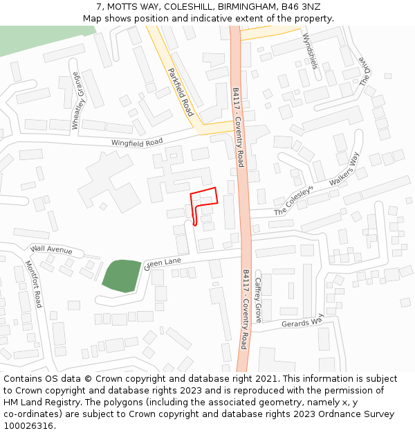 7, MOTTS WAY, COLESHILL, BIRMINGHAM, B46 3NZ: Location map and indicative extent of plot