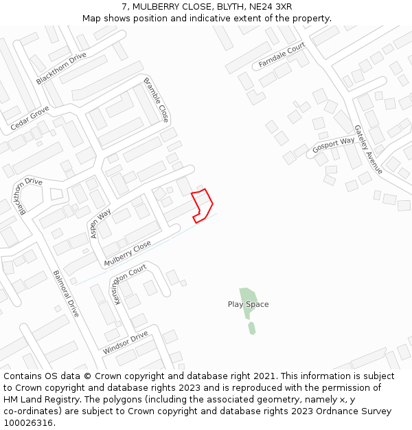 7, MULBERRY CLOSE, BLYTH, NE24 3XR: Location map and indicative extent of plot