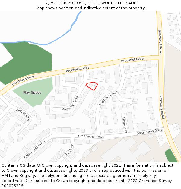7, MULBERRY CLOSE, LUTTERWORTH, LE17 4DF: Location map and indicative extent of plot