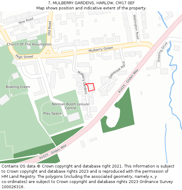 7, MULBERRY GARDENS, HARLOW, CM17 0EF: Location map and indicative extent of plot