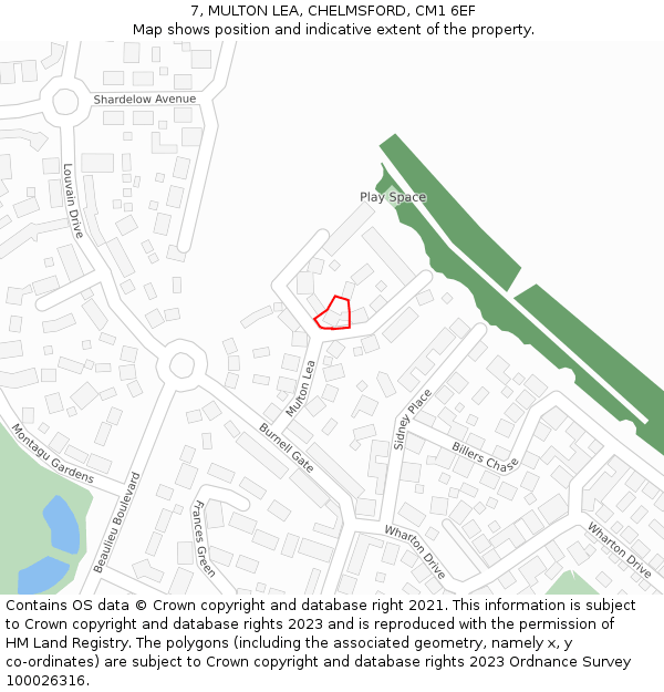 7, MULTON LEA, CHELMSFORD, CM1 6EF: Location map and indicative extent of plot