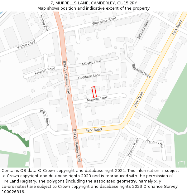 7, MURRELLS LANE, CAMBERLEY, GU15 2PY: Location map and indicative extent of plot