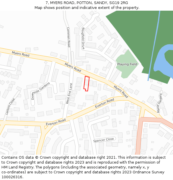 7, MYERS ROAD, POTTON, SANDY, SG19 2RG: Location map and indicative extent of plot