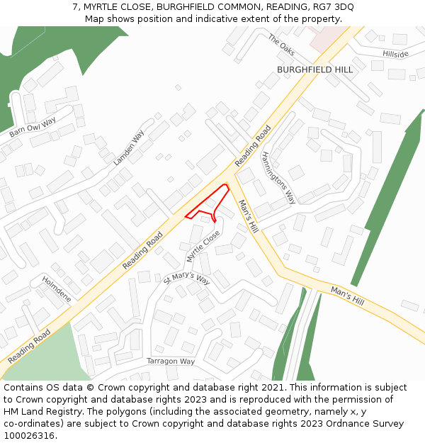 7, MYRTLE CLOSE, BURGHFIELD COMMON, READING, RG7 3DQ: Location map and indicative extent of plot