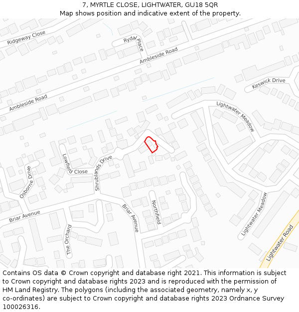 7, MYRTLE CLOSE, LIGHTWATER, GU18 5QR: Location map and indicative extent of plot