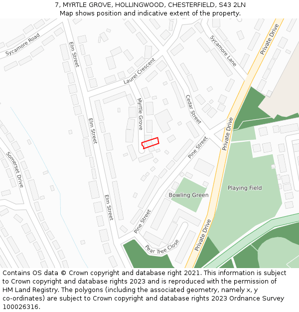 7, MYRTLE GROVE, HOLLINGWOOD, CHESTERFIELD, S43 2LN: Location map and indicative extent of plot