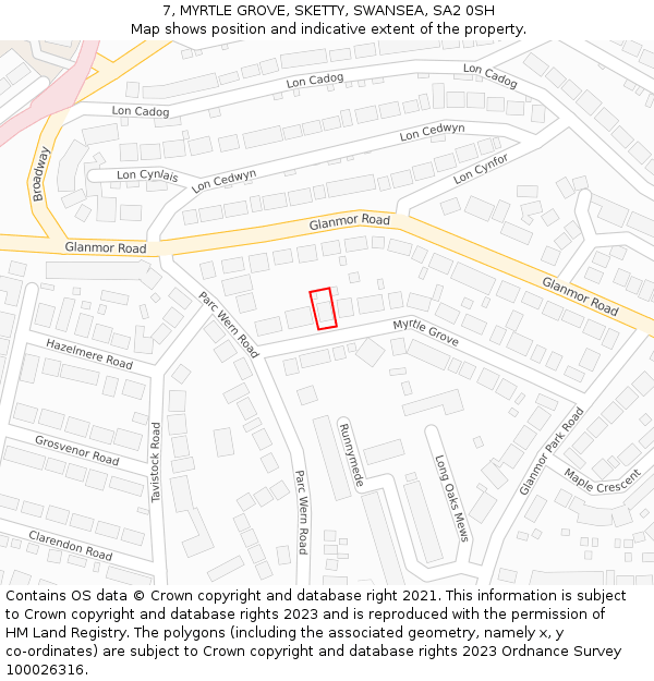 7, MYRTLE GROVE, SKETTY, SWANSEA, SA2 0SH: Location map and indicative extent of plot