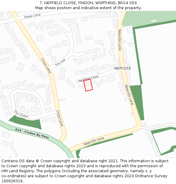 7, NEPFIELD CLOSE, FINDON, WORTHING, BN14 0SS: Location map and indicative extent of plot