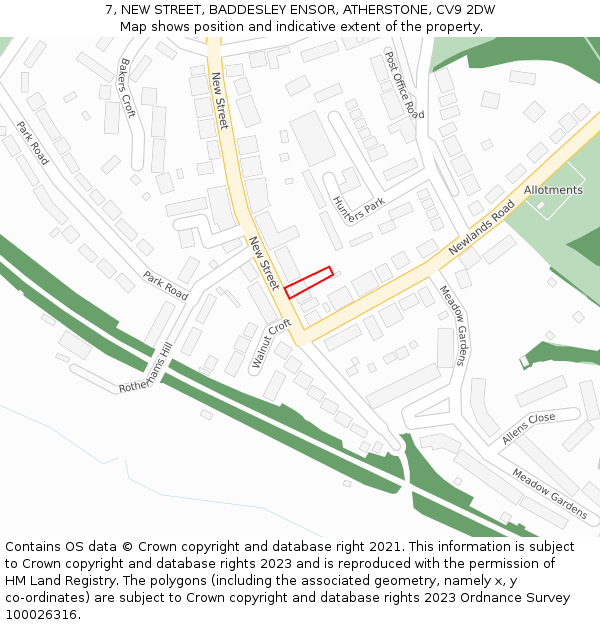 7, NEW STREET, BADDESLEY ENSOR, ATHERSTONE, CV9 2DW: Location map and indicative extent of plot