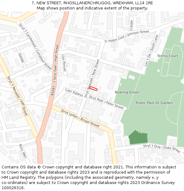 7, NEW STREET, RHOSLLANERCHRUGOG, WREXHAM, LL14 1RE: Location map and indicative extent of plot