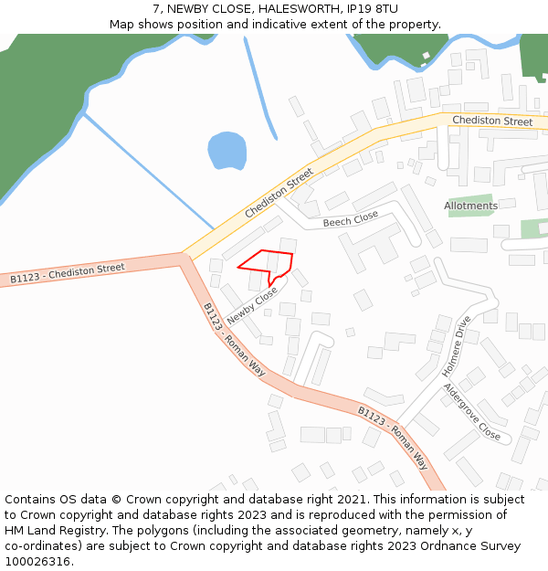 7, NEWBY CLOSE, HALESWORTH, IP19 8TU: Location map and indicative extent of plot