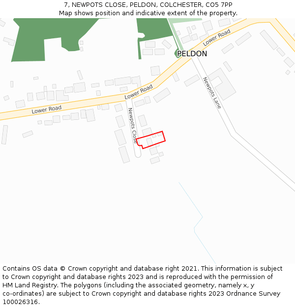 7, NEWPOTS CLOSE, PELDON, COLCHESTER, CO5 7PP: Location map and indicative extent of plot