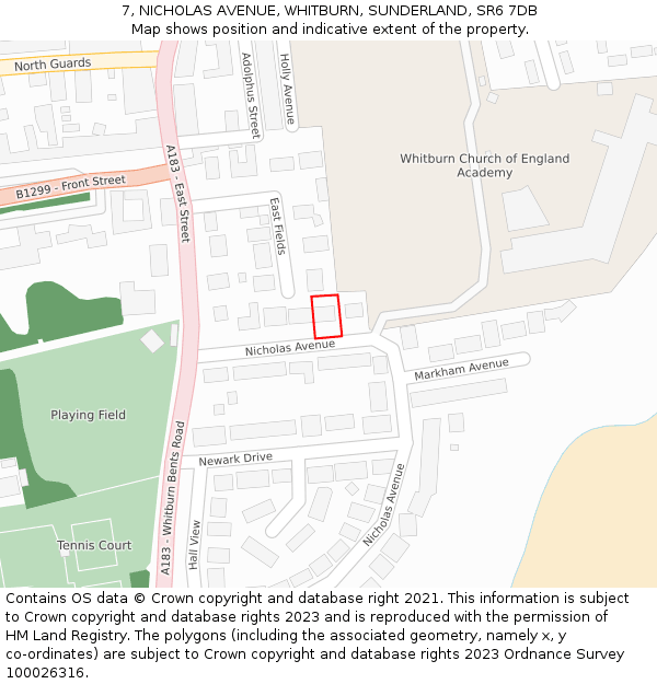 7, NICHOLAS AVENUE, WHITBURN, SUNDERLAND, SR6 7DB: Location map and indicative extent of plot