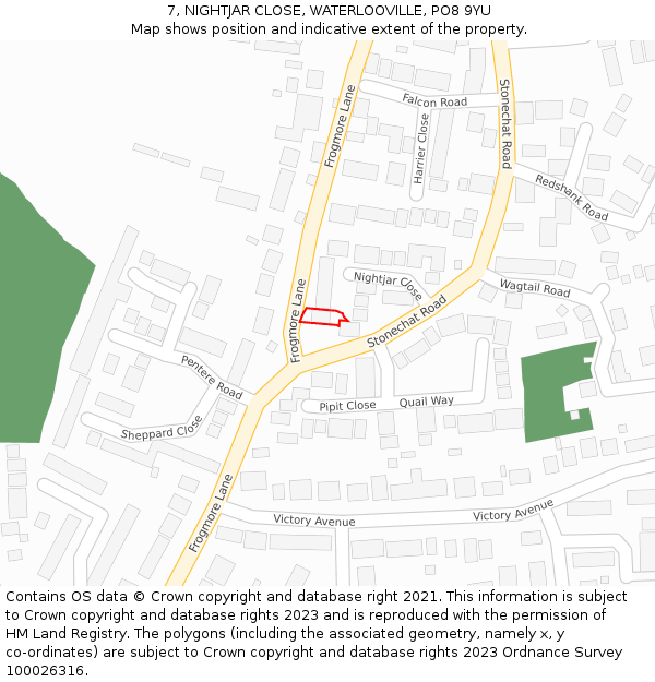 7, NIGHTJAR CLOSE, WATERLOOVILLE, PO8 9YU: Location map and indicative extent of plot