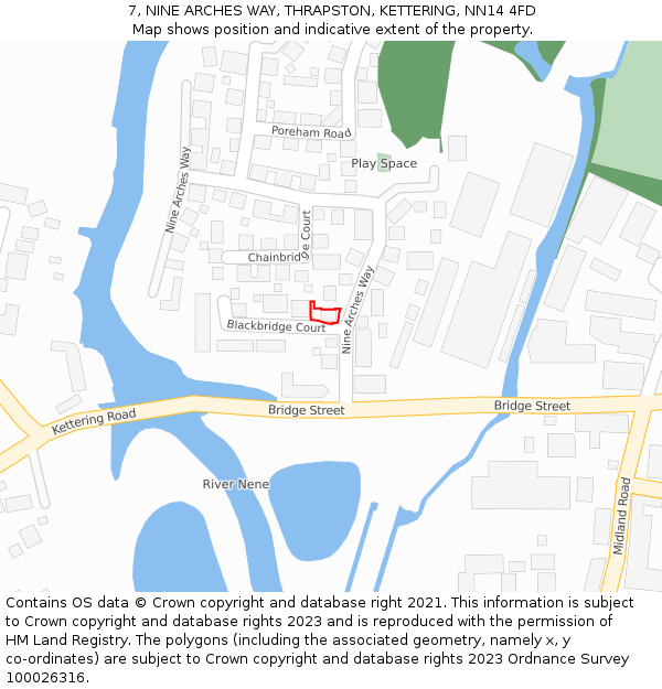 7, NINE ARCHES WAY, THRAPSTON, KETTERING, NN14 4FD: Location map and indicative extent of plot