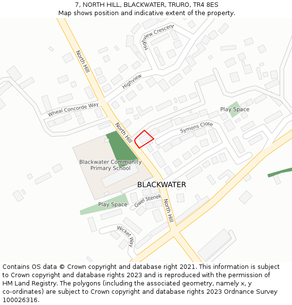 7, NORTH HILL, BLACKWATER, TRURO, TR4 8ES: Location map and indicative extent of plot