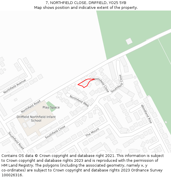 7, NORTHFIELD CLOSE, DRIFFIELD, YO25 5YB: Location map and indicative extent of plot