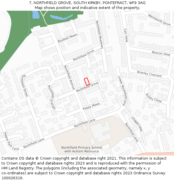 7, NORTHFIELD GROVE, SOUTH KIRKBY, PONTEFRACT, WF9 3AG: Location map and indicative extent of plot