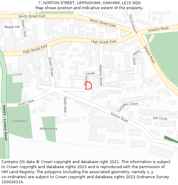 7, NORTON STREET, UPPINGHAM, OAKHAM, LE15 9QN: Location map and indicative extent of plot