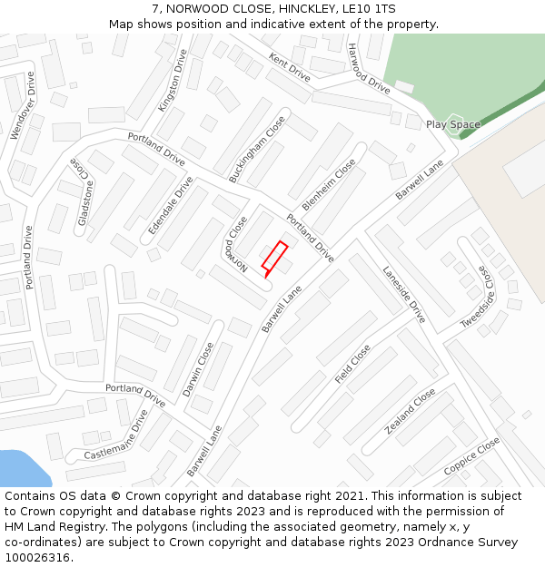 7, NORWOOD CLOSE, HINCKLEY, LE10 1TS: Location map and indicative extent of plot