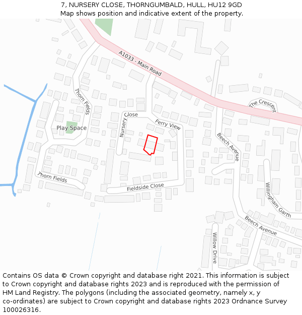 7, NURSERY CLOSE, THORNGUMBALD, HULL, HU12 9GD: Location map and indicative extent of plot