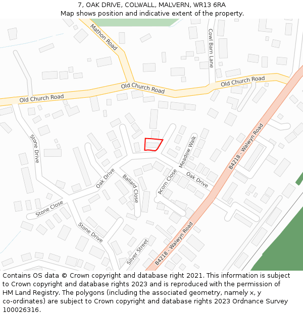 7, OAK DRIVE, COLWALL, MALVERN, WR13 6RA: Location map and indicative extent of plot