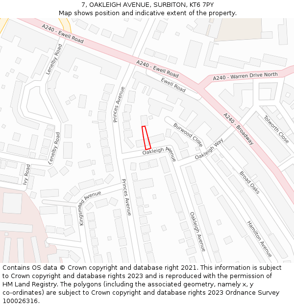 7, OAKLEIGH AVENUE, SURBITON, KT6 7PY: Location map and indicative extent of plot