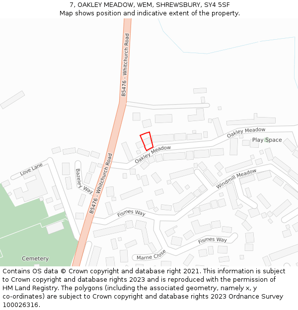 7, OAKLEY MEADOW, WEM, SHREWSBURY, SY4 5SF: Location map and indicative extent of plot