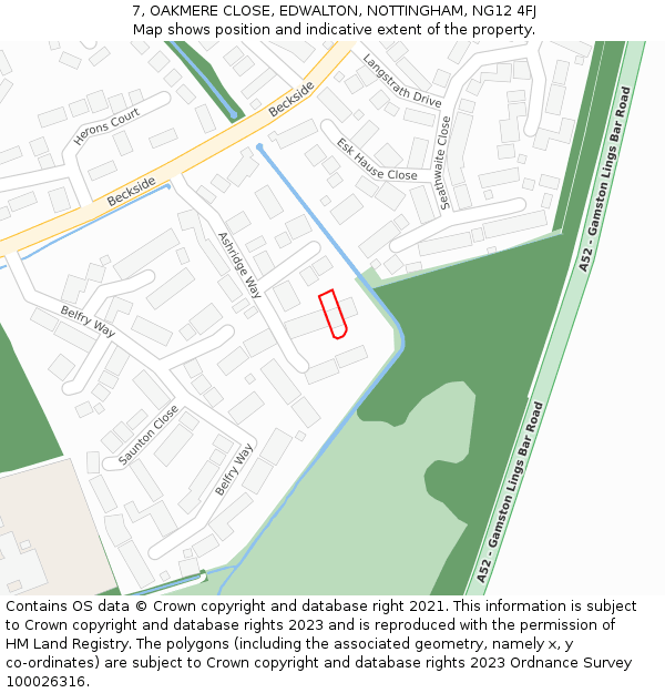 7, OAKMERE CLOSE, EDWALTON, NOTTINGHAM, NG12 4FJ: Location map and indicative extent of plot